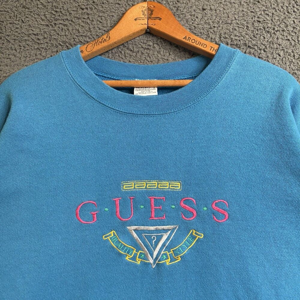 Vintage GUESS Georges Marciano Logo Sweatshirt Teal OSFA Made In USA